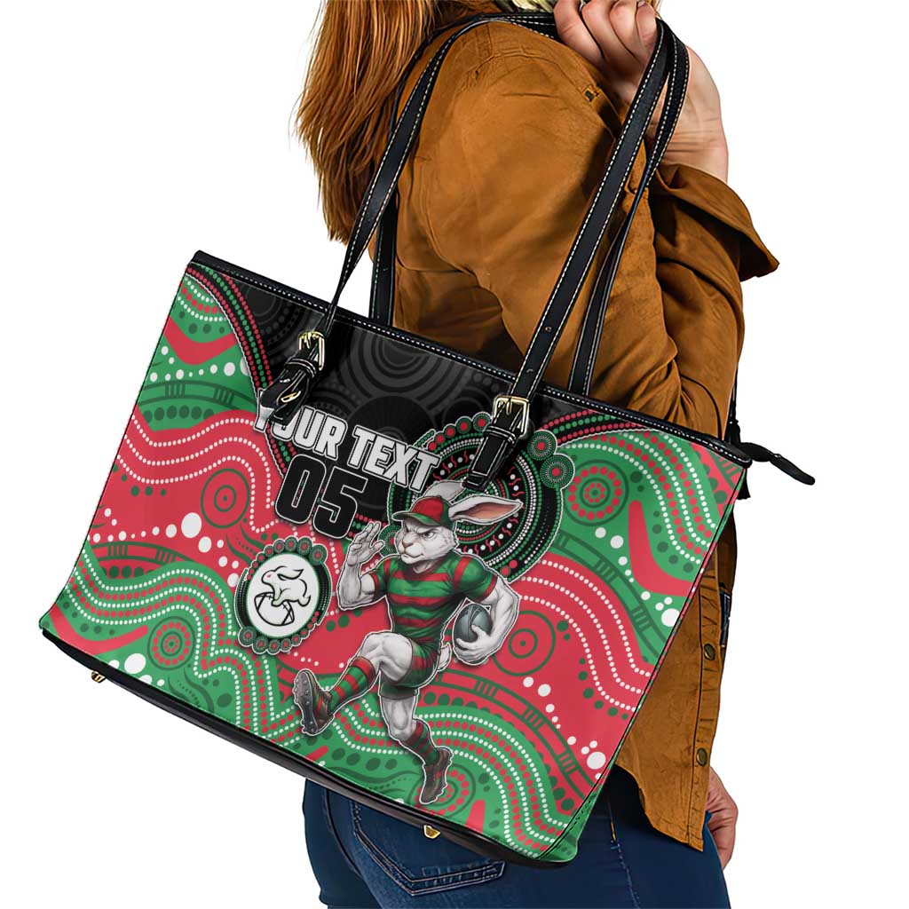 Custom Rabbitohs Leather Tote Bag Rabbit Mascot With Aboriginal Indigenous