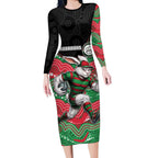 Custom Rabbitohs Long Sleeve Bodycon Dress Rabbit Mascot With Aboriginal Indigenous