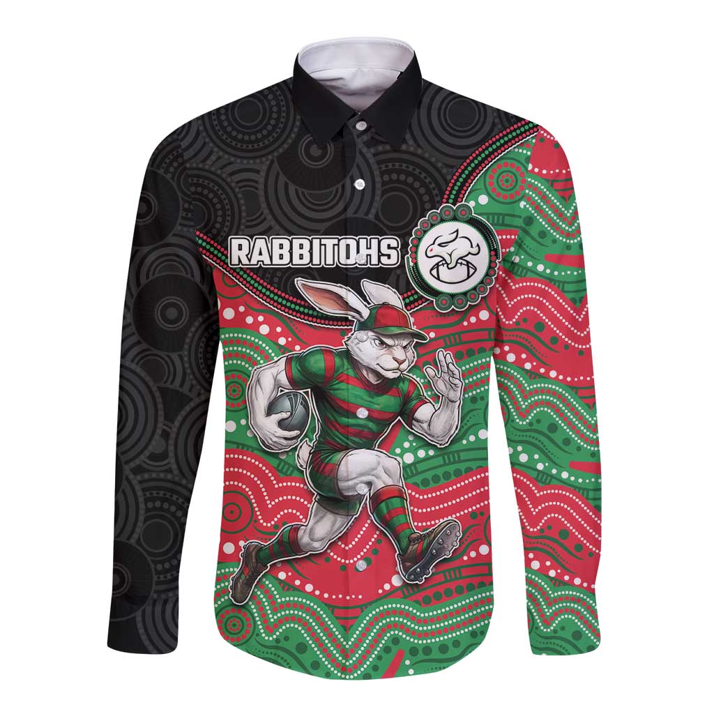 Custom Rabbitohs Long Sleeve Button Shirt Rabbit Mascot With Aboriginal Indigenous