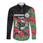 Custom Rabbitohs Long Sleeve Button Shirt Rabbit Mascot With Aboriginal Indigenous