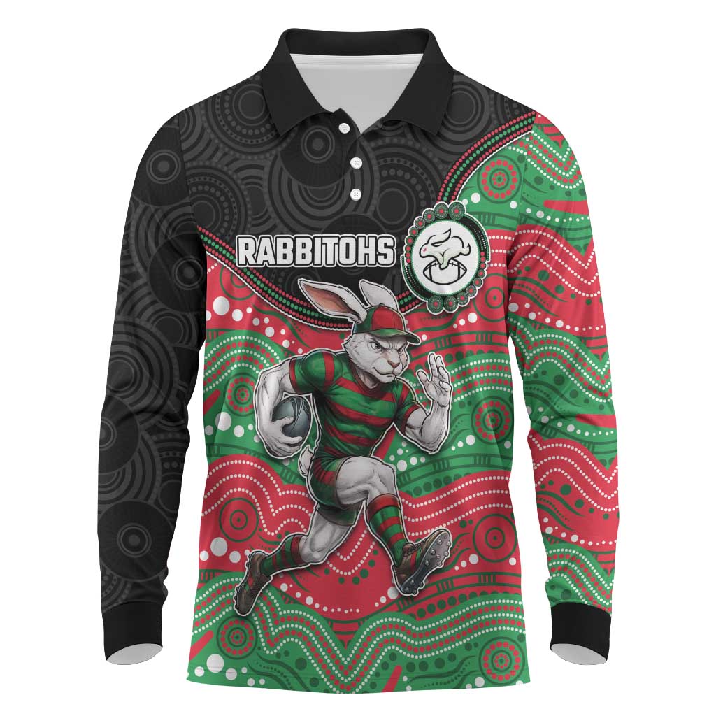 Custom Rabbitohs Long Sleeve Polo Shirt Rabbit Mascot With Aboriginal Indigenous