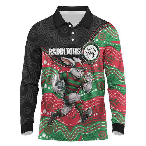 Custom Rabbitohs Long Sleeve Polo Shirt Rabbit Mascot With Aboriginal Indigenous