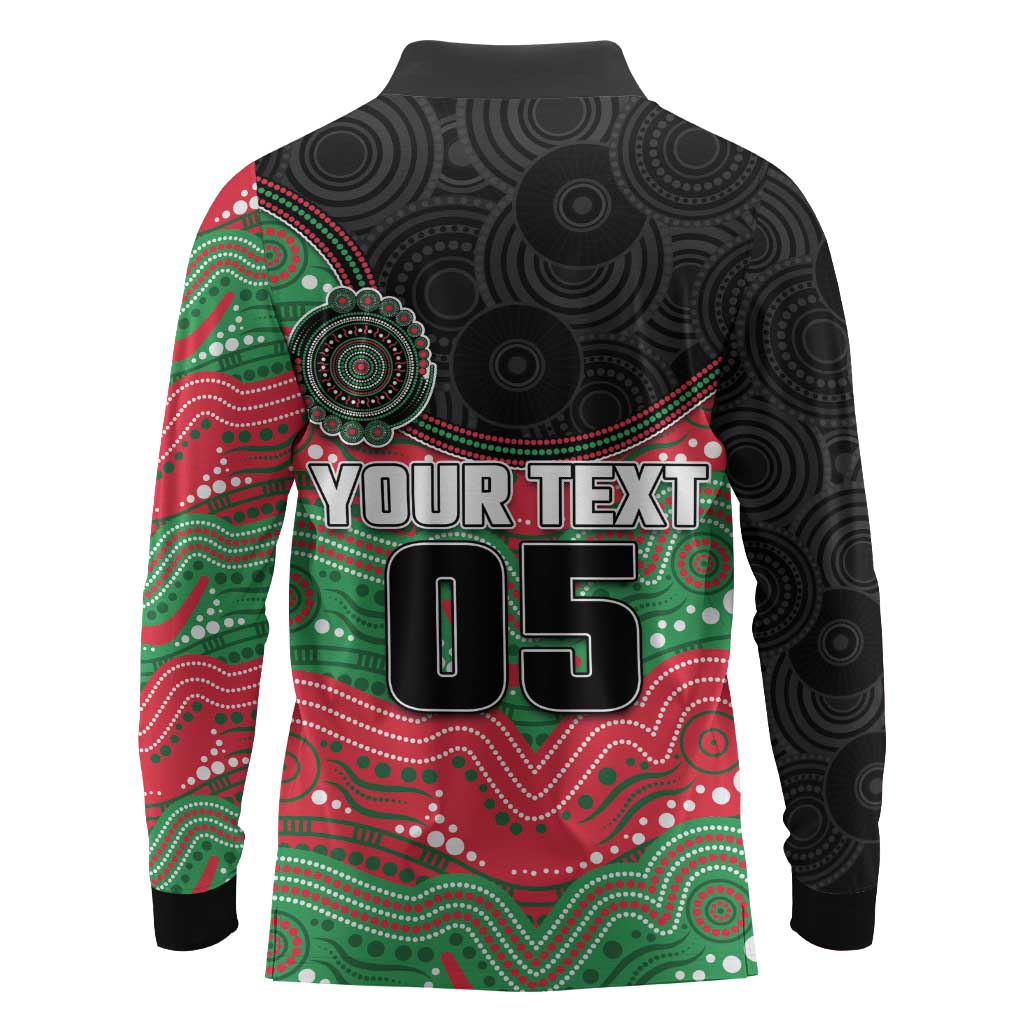 Custom Rabbitohs Long Sleeve Polo Shirt Rabbit Mascot With Aboriginal Indigenous