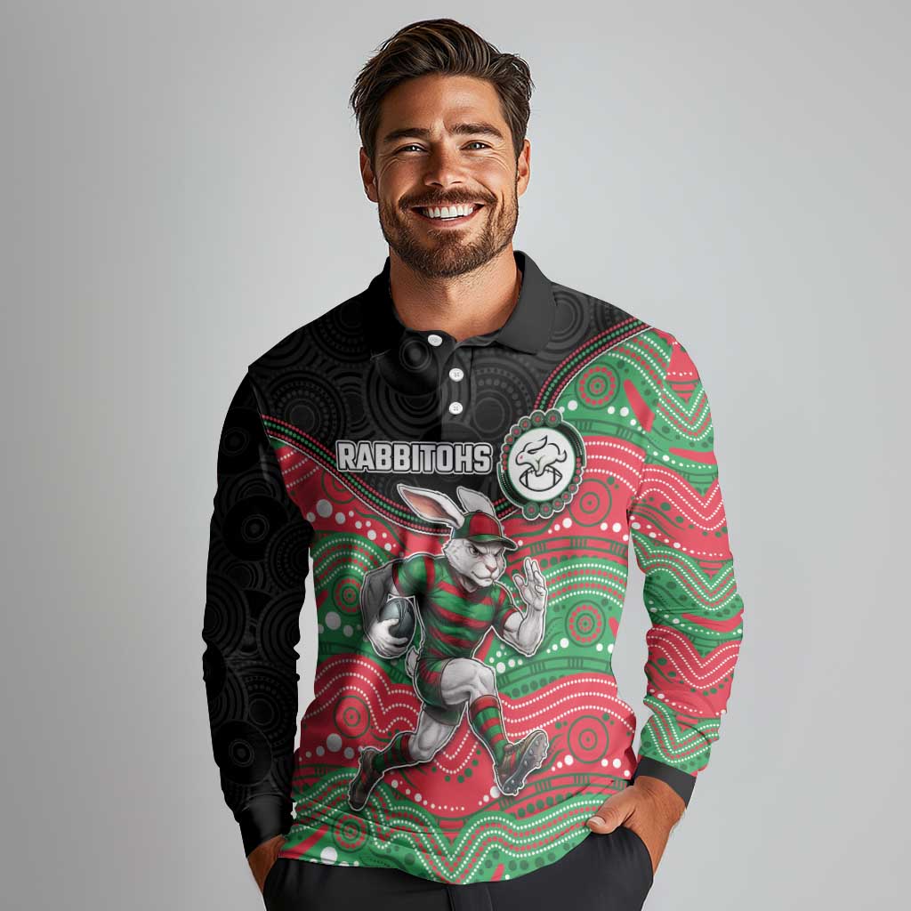 Custom Rabbitohs Long Sleeve Polo Shirt Rabbit Mascot With Aboriginal Indigenous