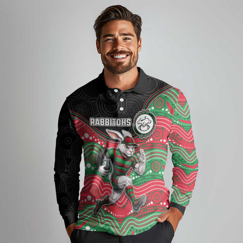 Custom Rabbitohs Long Sleeve Polo Shirt Rabbit Mascot With Aboriginal Indigenous
