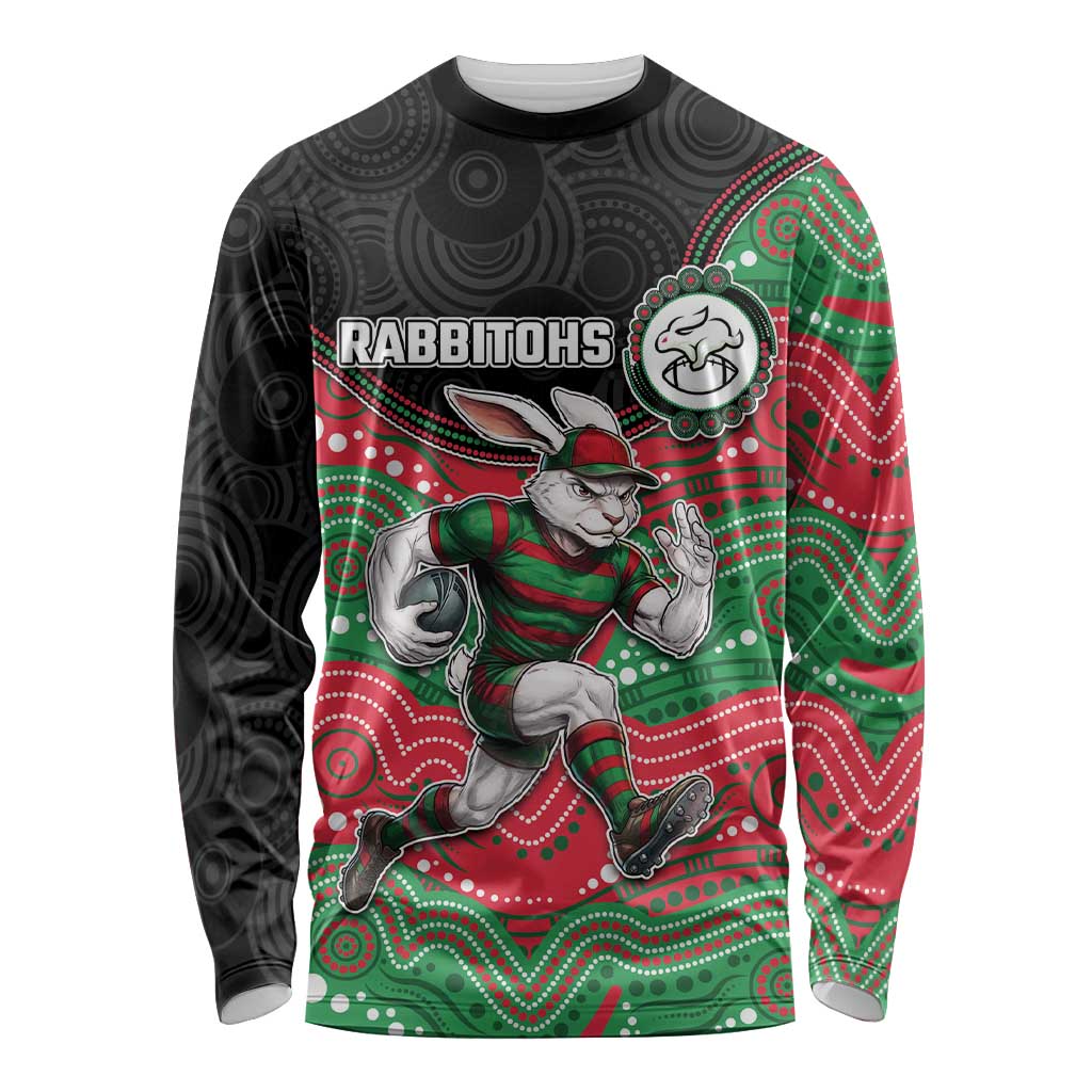 Custom Rabbitohs Long Sleeve Shirt Rabbit Mascot With Aboriginal Indigenous