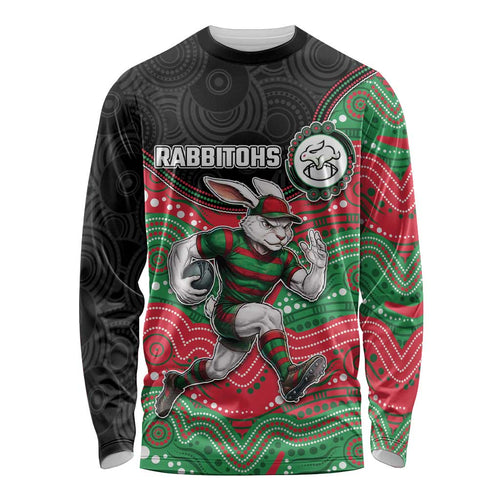 Custom Rabbitohs Long Sleeve Shirt Rabbit Mascot With Aboriginal Indigenous