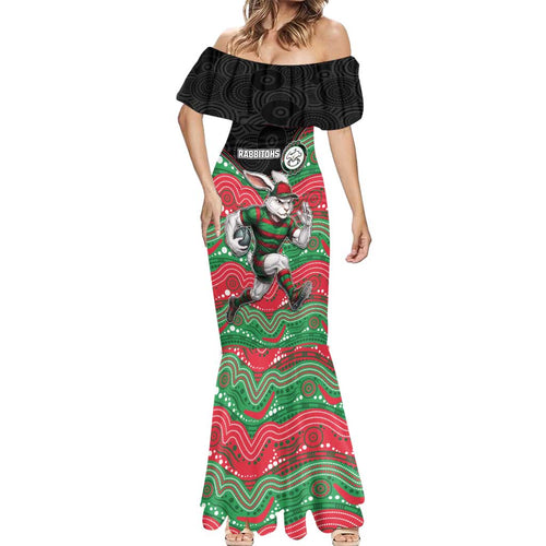 Custom Rabbitohs Mermaid Dress Rabbit Mascot With Aboriginal Indigenous