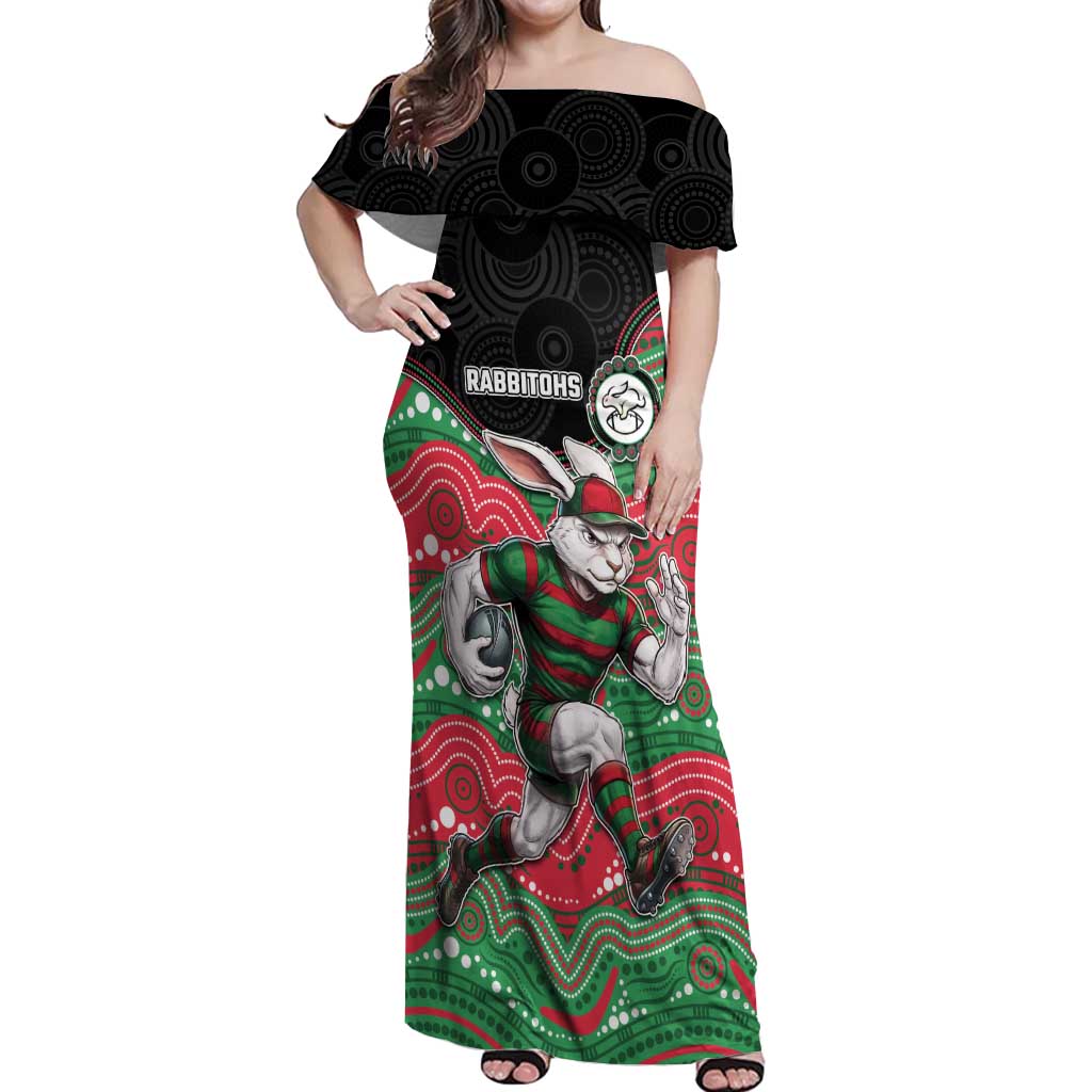 Custom Rabbitohs Off Shoulder Maxi Dress Rabbit Mascot With Aboriginal Indigenous