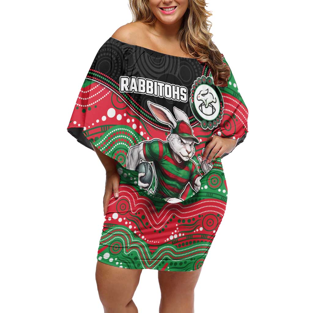 Custom Rabbitohs Off Shoulder Short Dress Rabbit Mascot With Aboriginal Indigenous