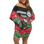 Custom Rabbitohs Off Shoulder Short Dress Rabbit Mascot With Aboriginal Indigenous