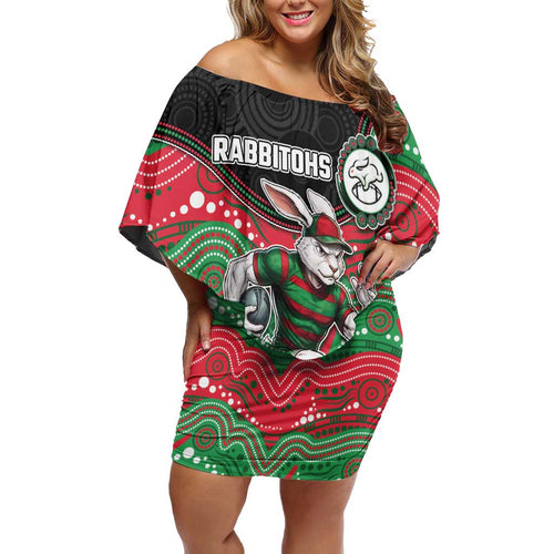 Custom Rabbitohs Off Shoulder Short Dress Rabbit Mascot With Aboriginal Indigenous