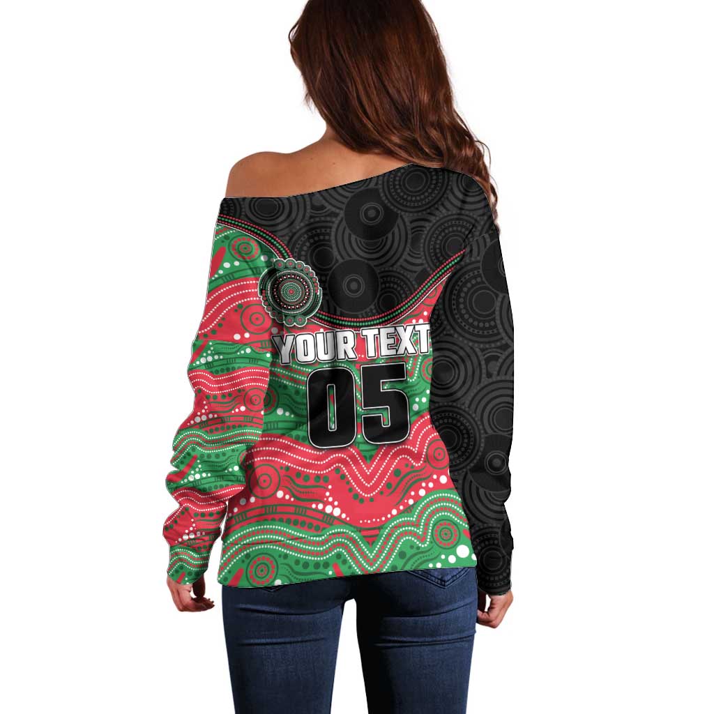 Custom Rabbitohs Off Shoulder Sweater Rabbit Mascot With Aboriginal Indigenous