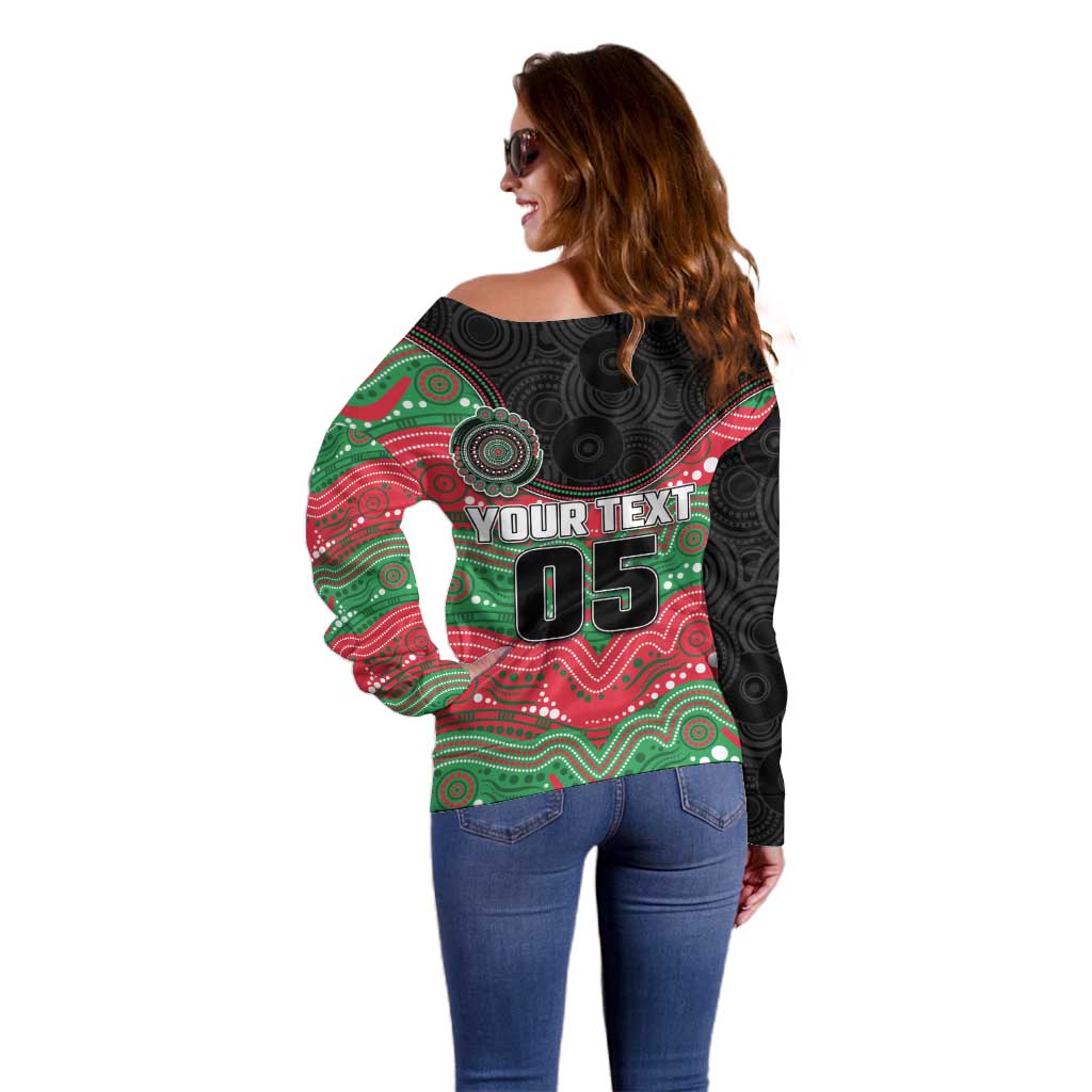 Custom Rabbitohs Off Shoulder Sweater Rabbit Mascot With Aboriginal Indigenous