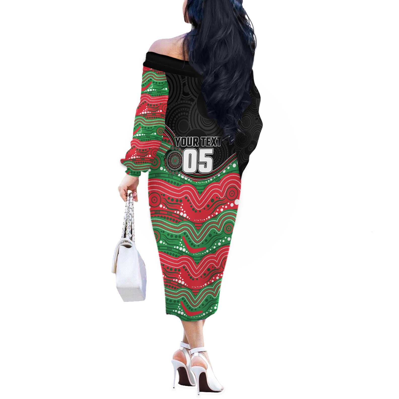 Custom Rabbitohs Off The Shoulder Long Sleeve Dress Rabbit Mascot With Aboriginal Indigenous