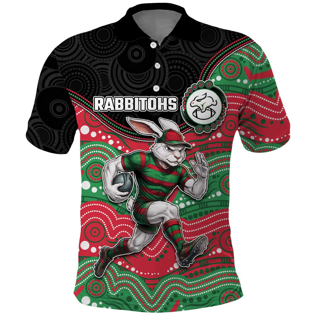 Custom Rabbitohs Polo Shirt Rabbit Mascot With Aboriginal Indigenous