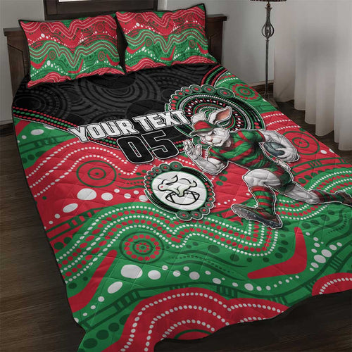 Custom Rabbitohs Quilt Bed Set Rabbit Mascot With Aboriginal Indigenous