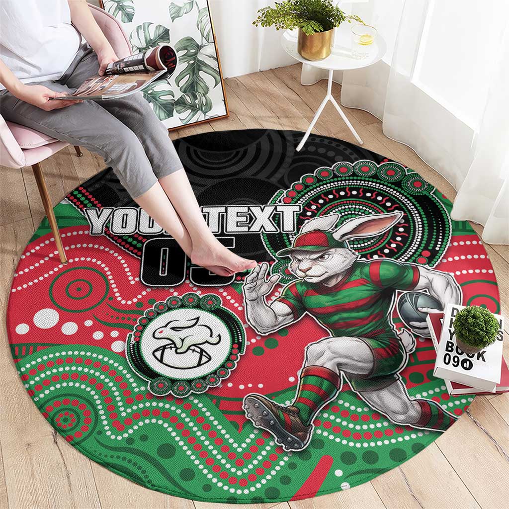 Custom Rabbitohs Round Carpet Rabbit Mascot With Aboriginal Indigenous