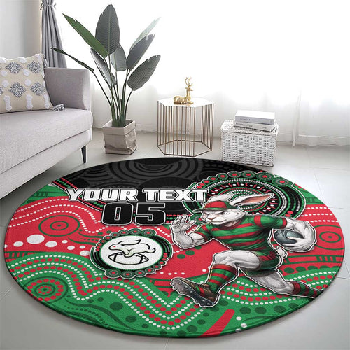 Custom Rabbitohs Round Carpet Rabbit Mascot With Aboriginal Indigenous