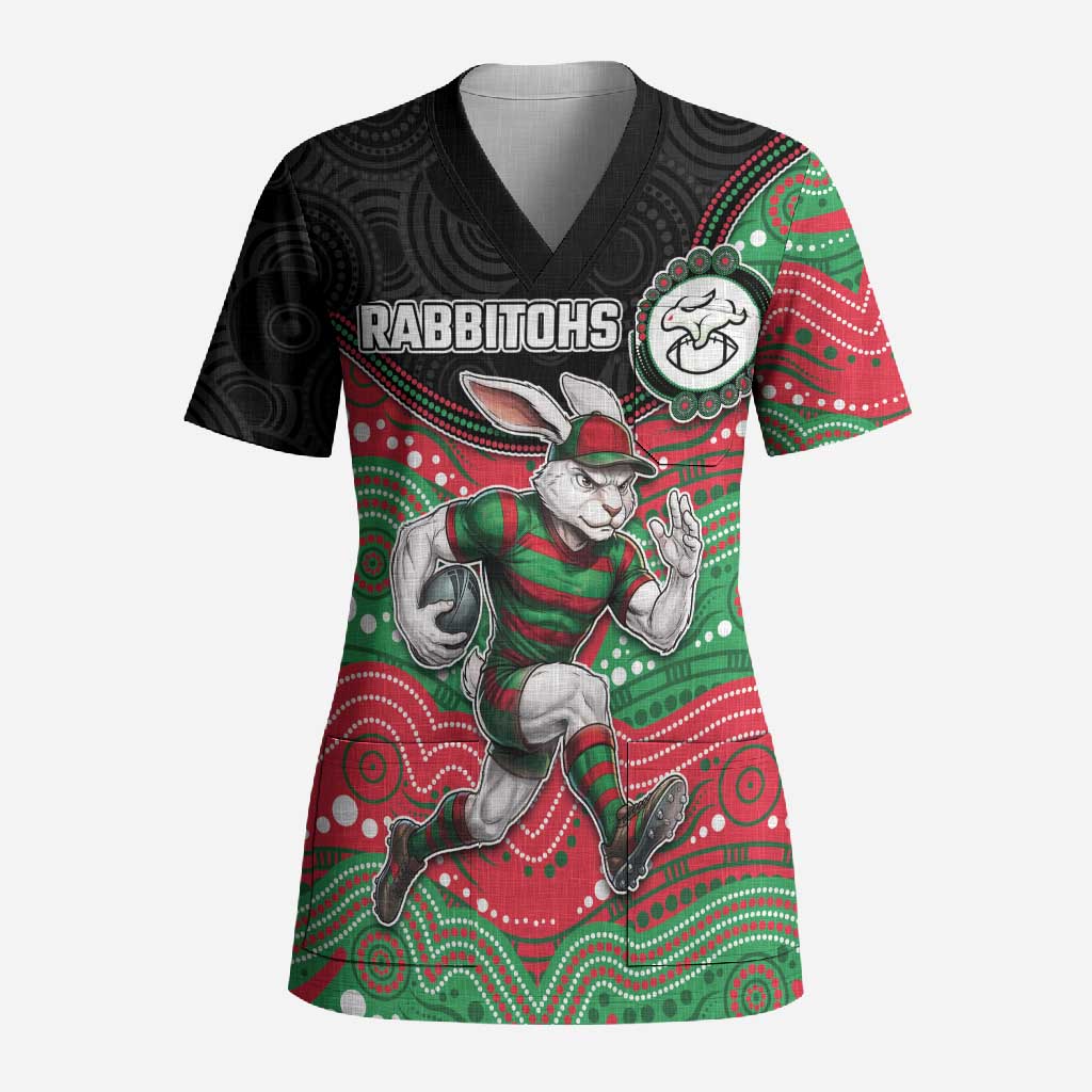Custom Rabbitohs Scrub Top Rabbit Mascot With Aboriginal Indigenous