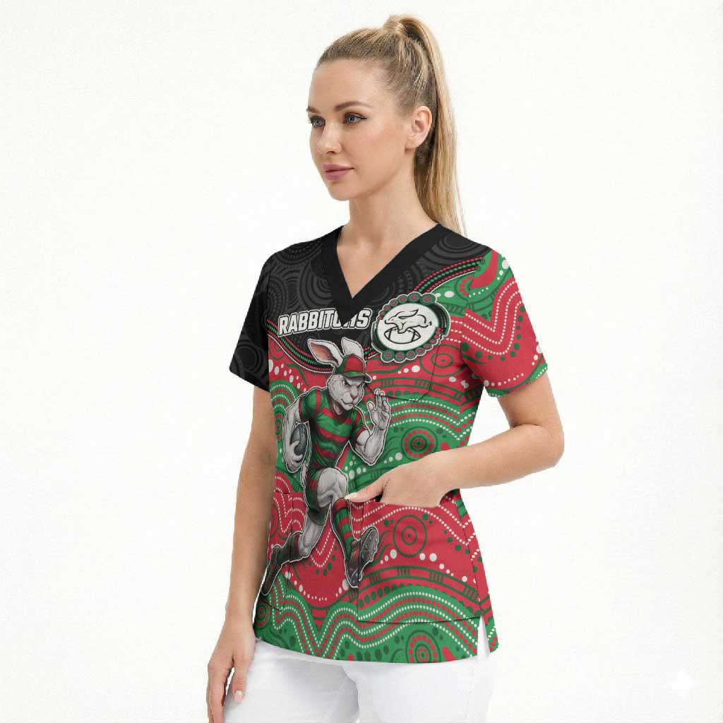 Custom Rabbitohs Scrub Top Rabbit Mascot With Aboriginal Indigenous