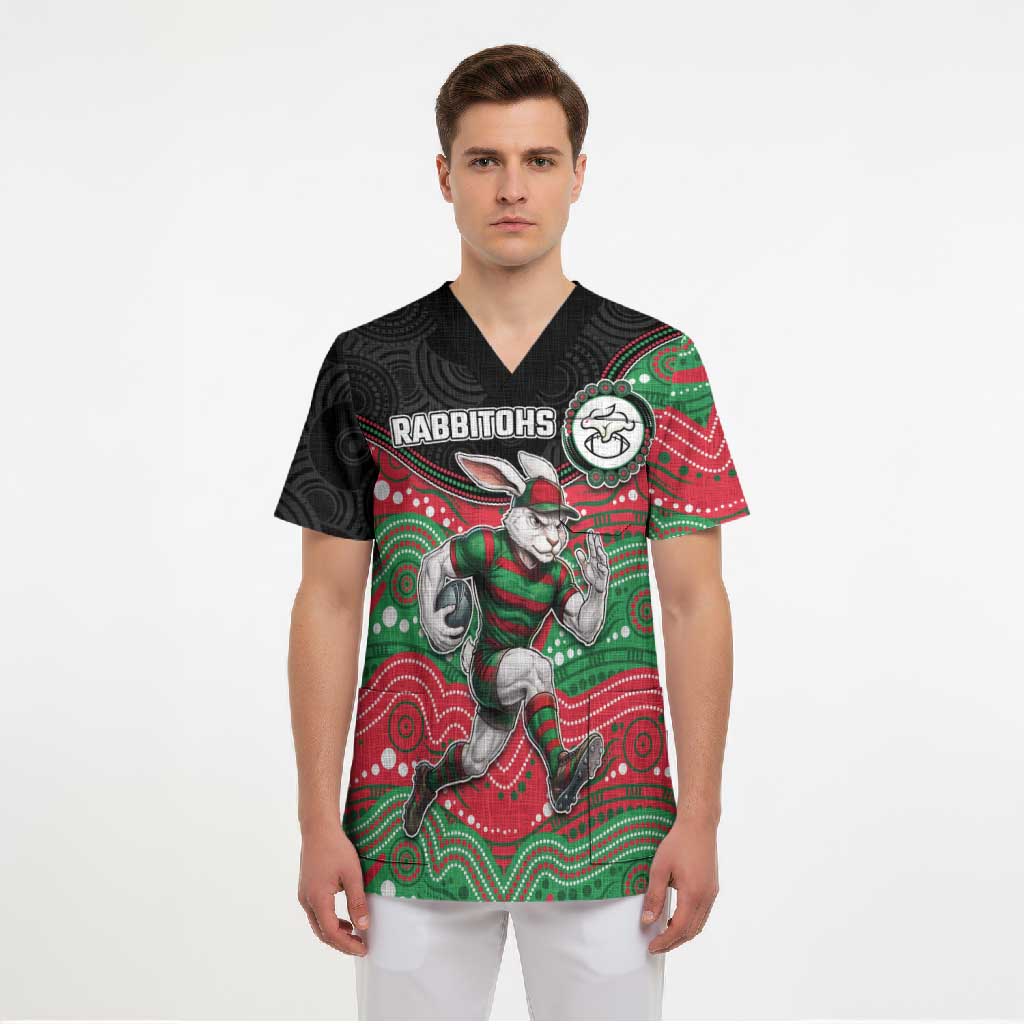 Custom Rabbitohs Scrub Top Rabbit Mascot With Aboriginal Indigenous