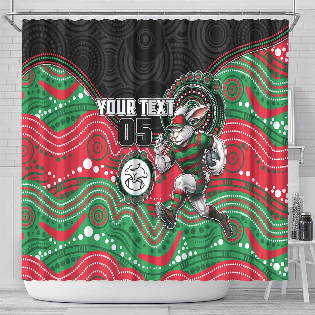 Custom Rabbitohs Shower Curtain Rabbit Mascot With Aboriginal Indigenous