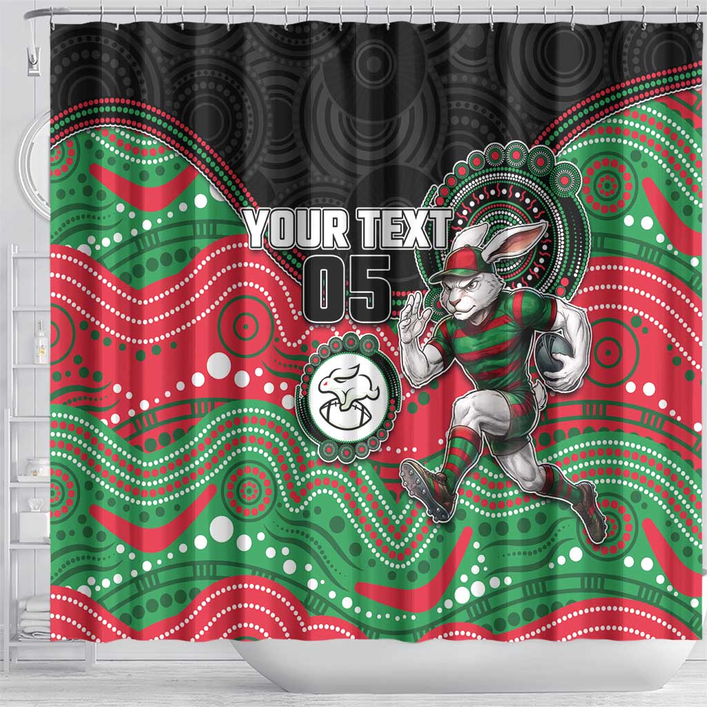 Custom Rabbitohs Shower Curtain Rabbit Mascot With Aboriginal Indigenous