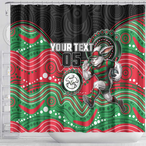 Custom Rabbitohs Shower Curtain Rabbit Mascot With Aboriginal Indigenous