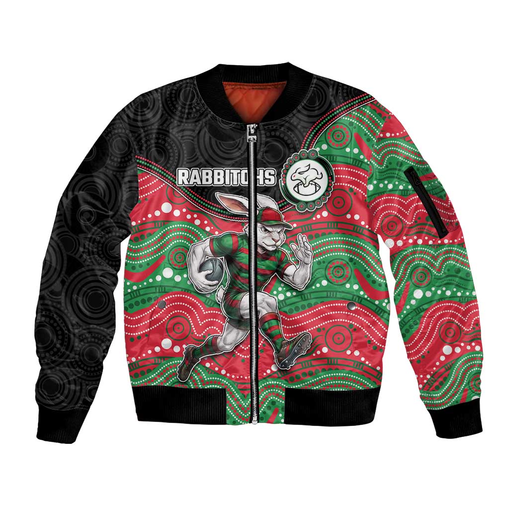 Custom Rabbitohs Sleeve Zip Bomber Jacket Rabbit Mascot With Aboriginal Indigenous