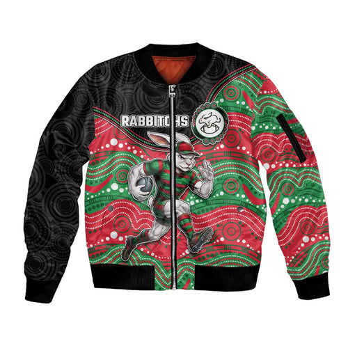 Custom Rabbitohs Sleeve Zip Bomber Jacket Rabbit Mascot With Aboriginal Indigenous