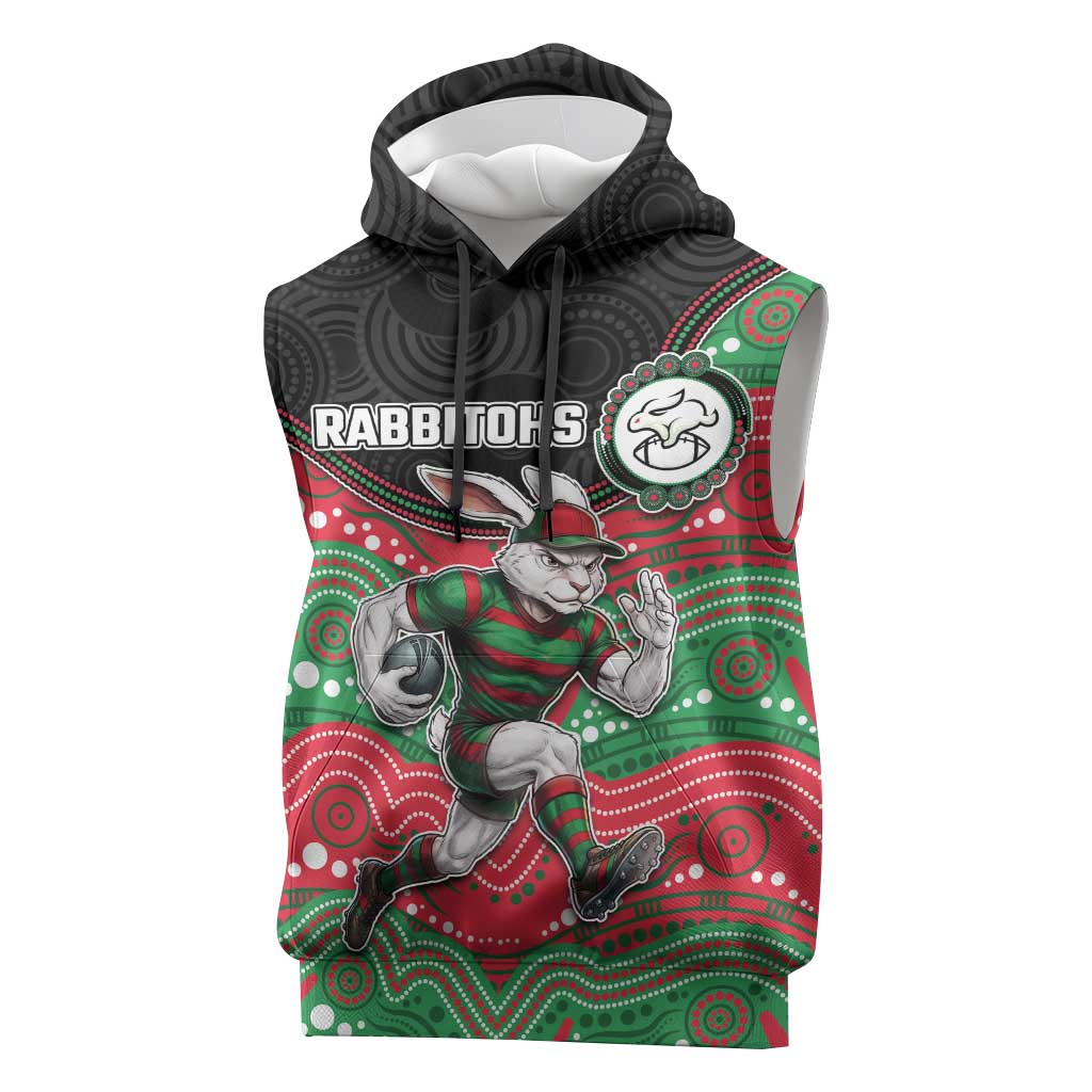 Custom Rabbitohs Sleeveless Hoodie Rabbit Mascot With Aboriginal Indigenous