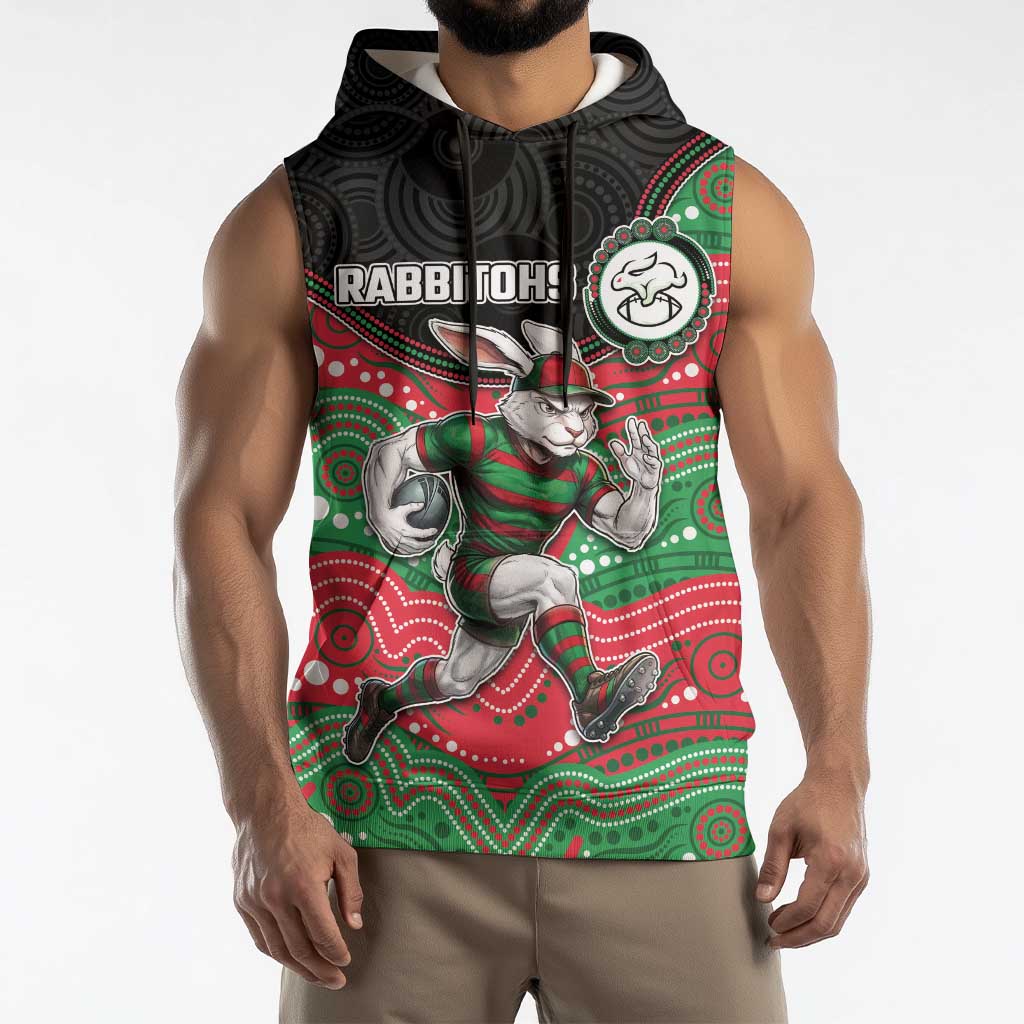 Custom Rabbitohs Sleeveless Hoodie Rabbit Mascot With Aboriginal Indigenous
