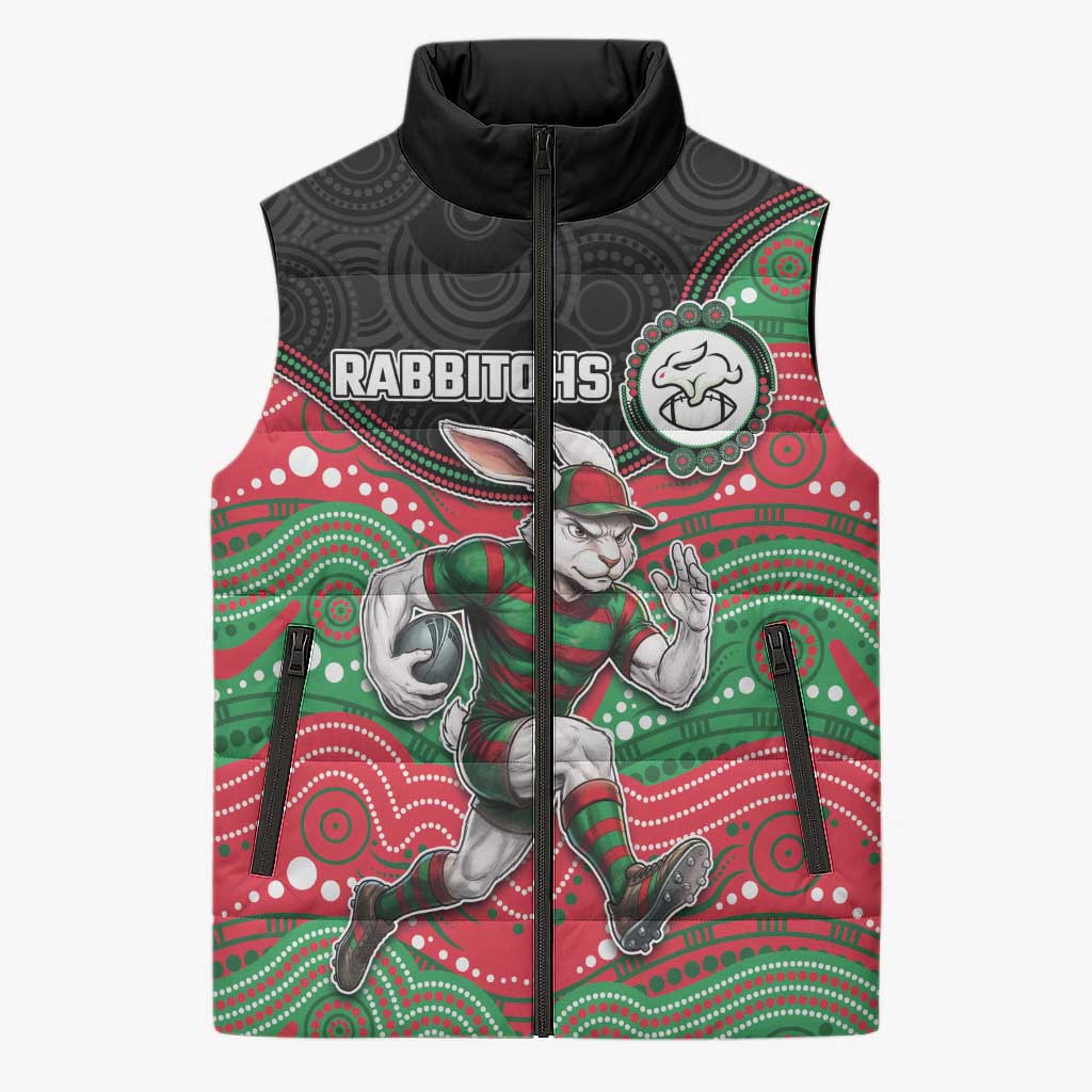 Custom Rabbitohs Sleeveless Puffer Jacket Rabbit Mascot With Aboriginal Indigenous