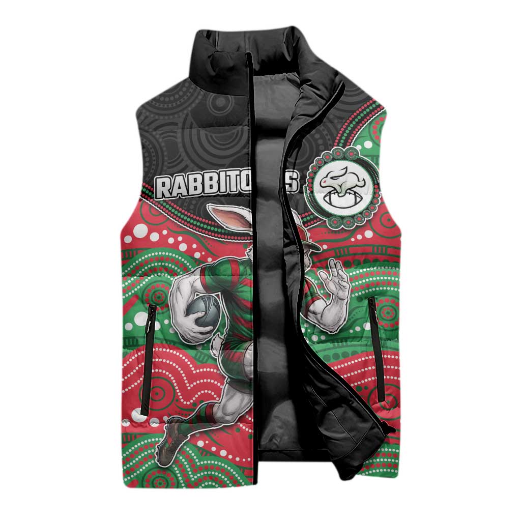 Custom Rabbitohs Sleeveless Puffer Jacket Rabbit Mascot With Aboriginal Indigenous