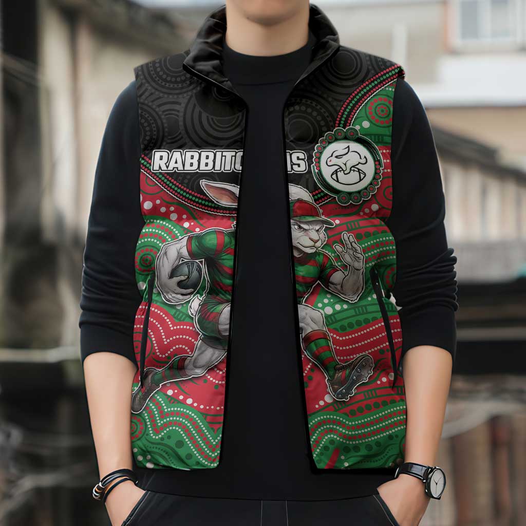 Custom Rabbitohs Sleeveless Puffer Jacket Rabbit Mascot With Aboriginal Indigenous