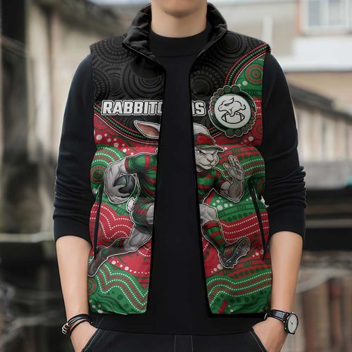 Custom Rabbitohs Sleeveless Puffer Jacket Rabbit Mascot With Aboriginal Indigenous