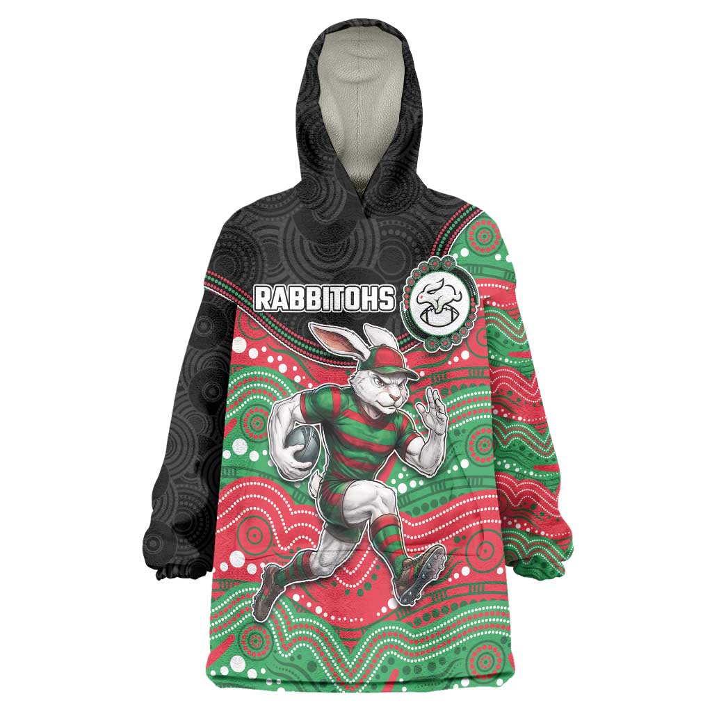Custom Rabbitohs Wearable Blanket Hoodie Rabbit Mascot With Aboriginal Indigenous
