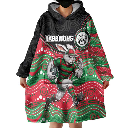 Custom Rabbitohs Wearable Blanket Hoodie Rabbit Mascot With Aboriginal Indigenous