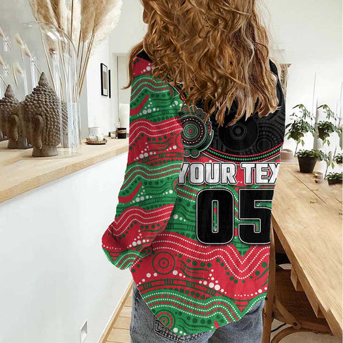Custom Rabbitohs Women Casual Shirt Rabbit Mascot With Aboriginal Indigenous