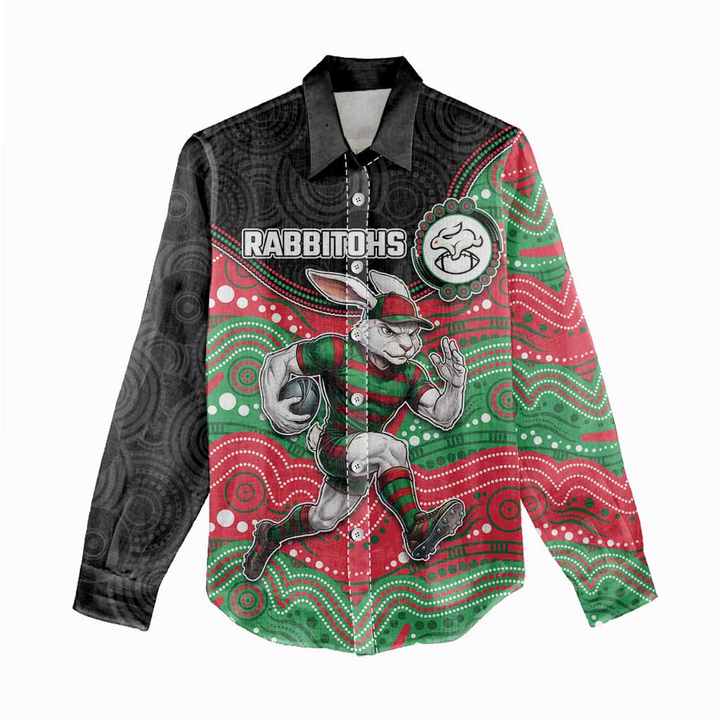 Custom Rabbitohs Women Casual Shirt Rabbit Mascot With Aboriginal Indigenous