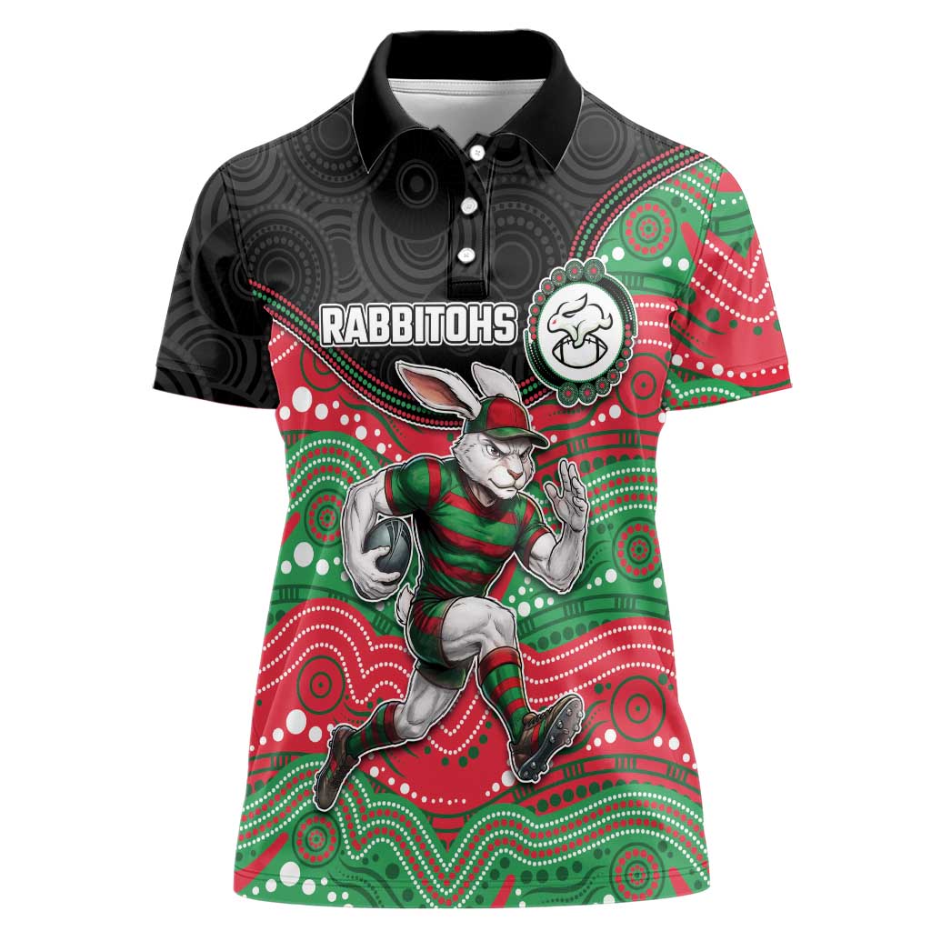 Custom Rabbitohs Women Polo Shirt Rabbit Mascot With Aboriginal Indigenous