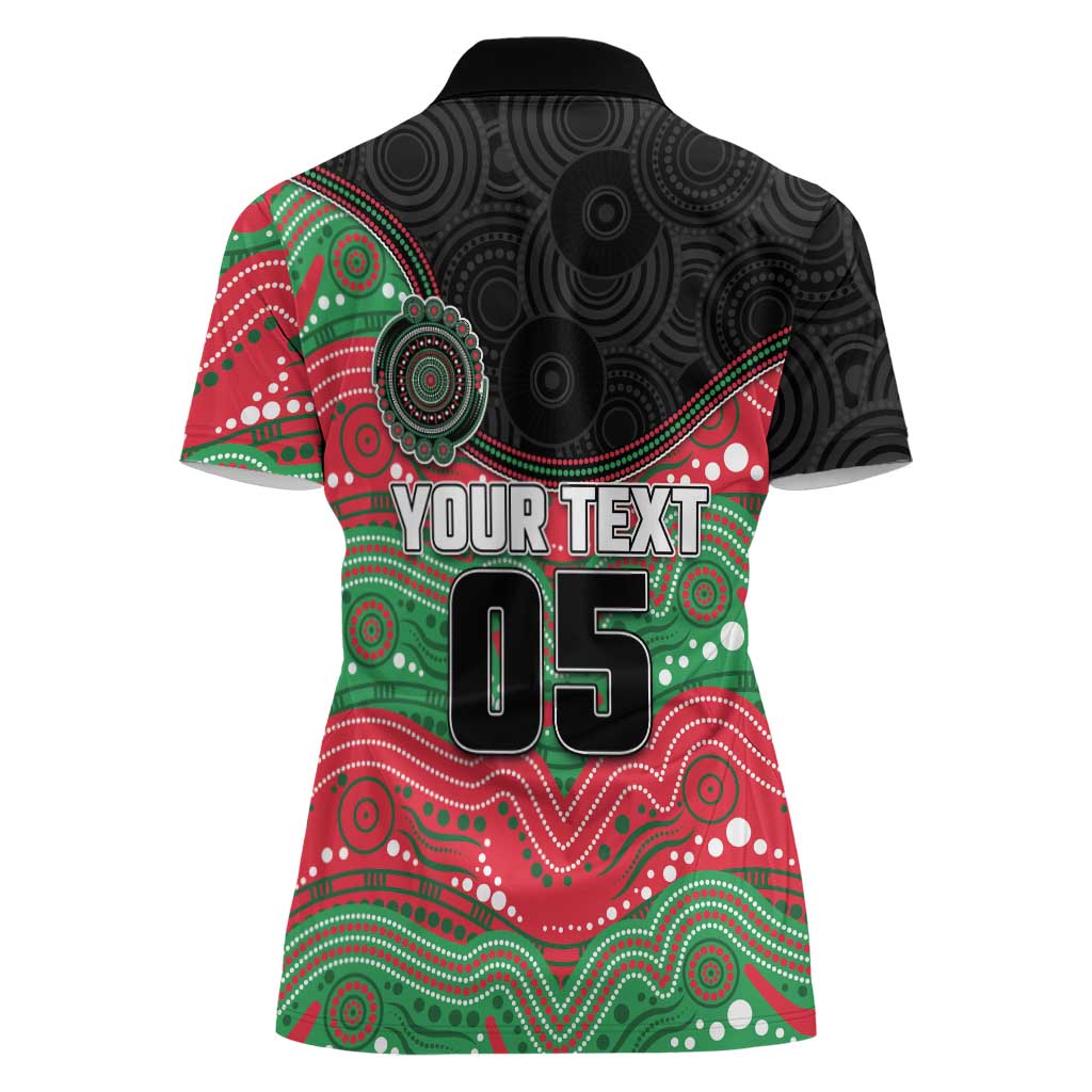 Custom Rabbitohs Women Polo Shirt Rabbit Mascot With Aboriginal Indigenous