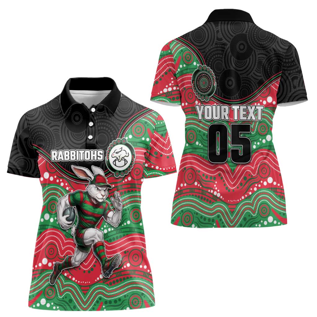 Custom Rabbitohs Women Polo Shirt Rabbit Mascot With Aboriginal Indigenous