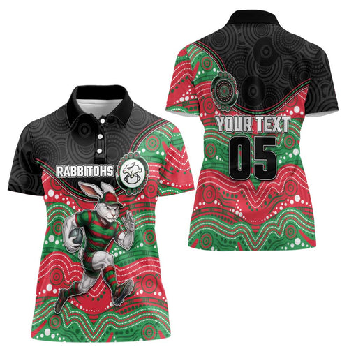 Custom Rabbitohs Women Polo Shirt Rabbit Mascot With Aboriginal Indigenous