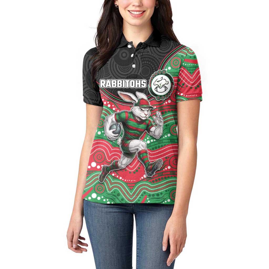 Custom Rabbitohs Women Polo Shirt Rabbit Mascot With Aboriginal Indigenous