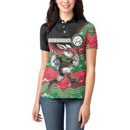 Custom Rabbitohs Women Polo Shirt Rabbit Mascot With Aboriginal Indigenous