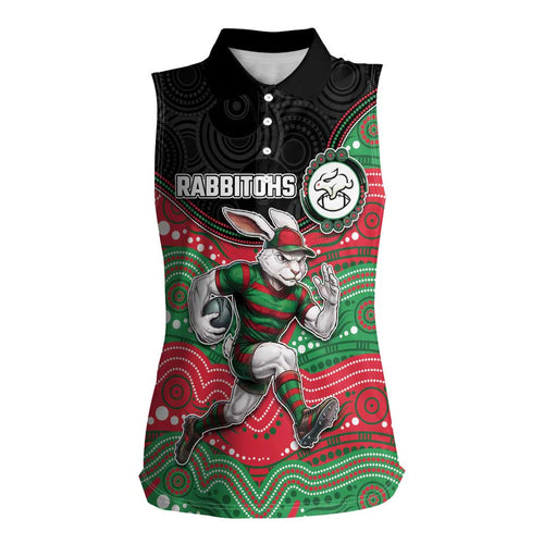 Custom Rabbitohs Women Sleeveless Polo Shirt Rabbit Mascot With Aboriginal Indigenous