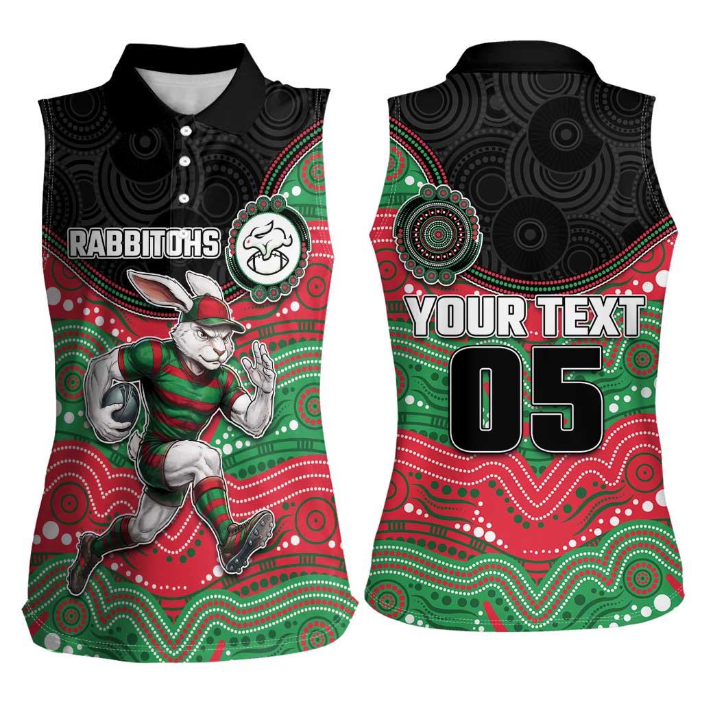 Custom Rabbitohs Women Sleeveless Polo Shirt Rabbit Mascot With Aboriginal Indigenous