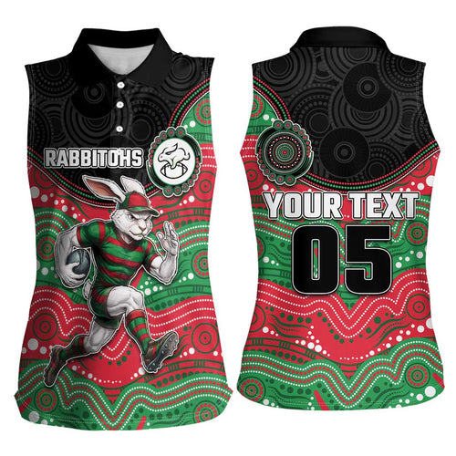Custom Rabbitohs Women Sleeveless Polo Shirt Rabbit Mascot With Aboriginal Indigenous